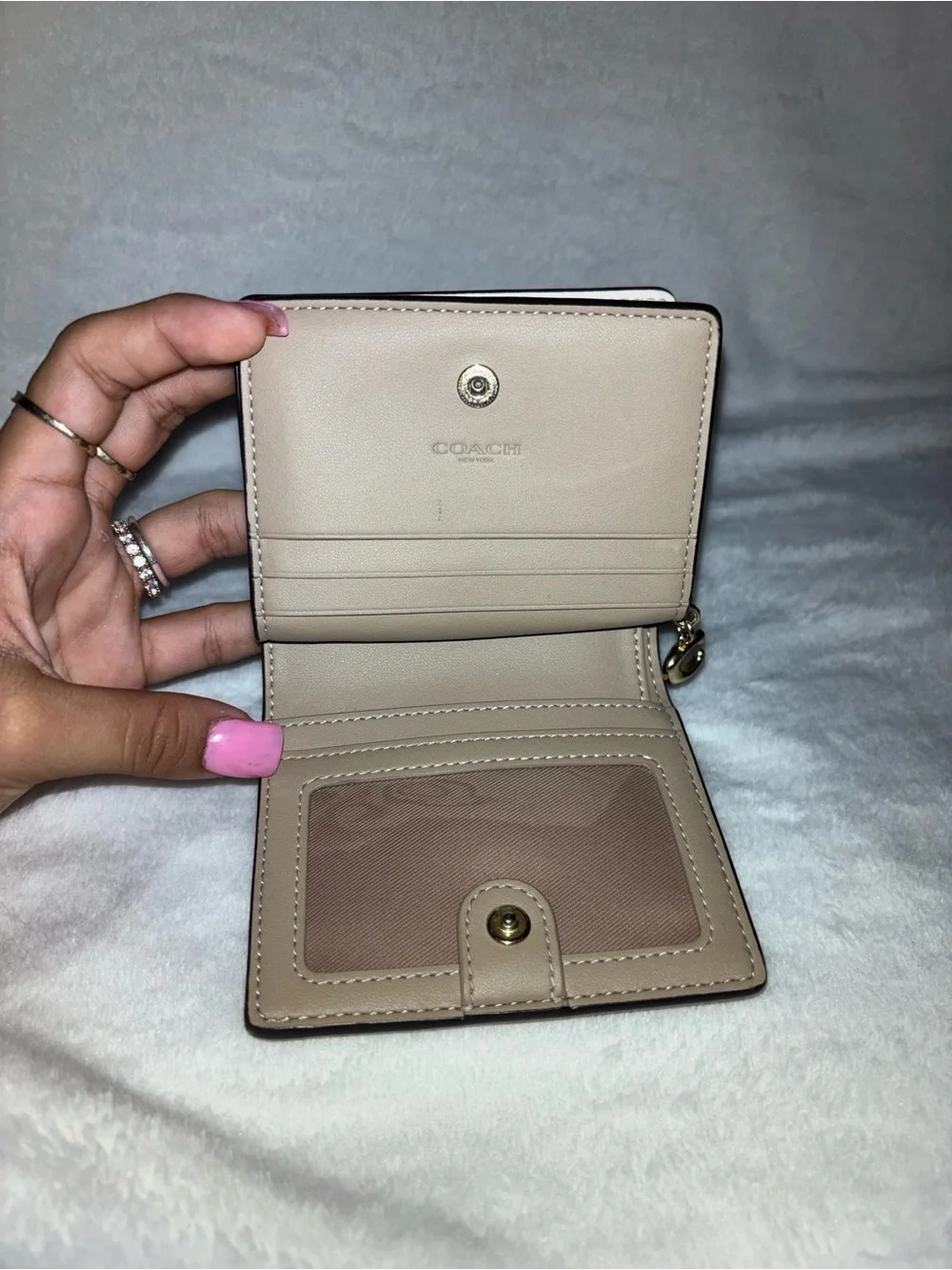 Coach Beige Signature Floral Zip Card Case with Gold Logo
